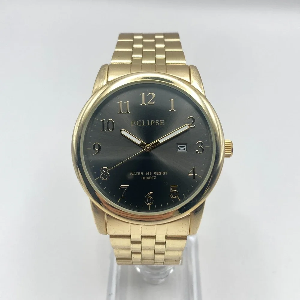 Eclipse Mens Watch 41mm Gold Tone Date Grey Dial 50M WR Classic New Battery 8